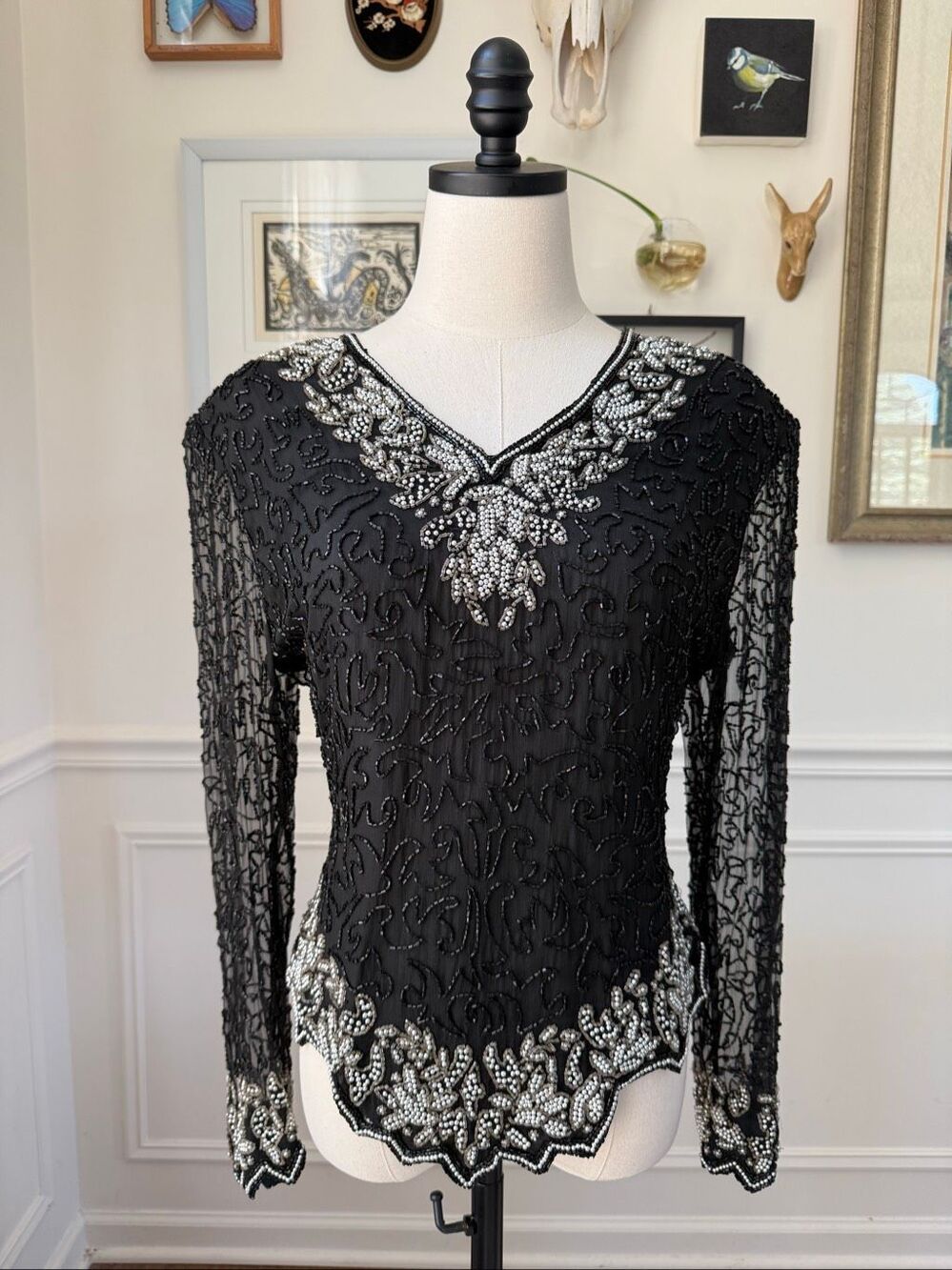 Lawrence Kazar Beaded Sequin Long Sheer Sleeve Silk Top Black M